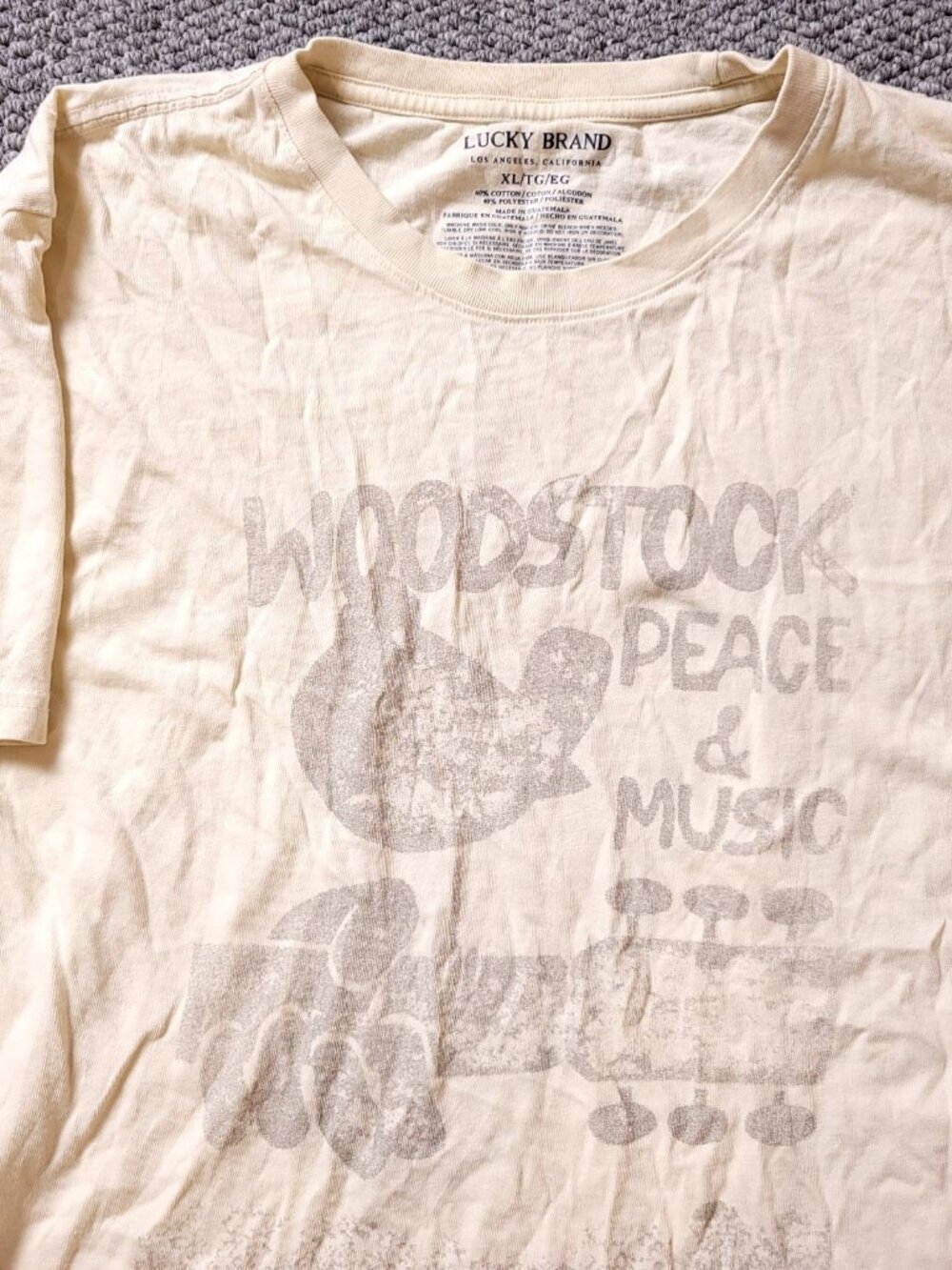 Lucky Brand Shirt Mens XL Woodstock Peace & Music Cotton Cream Tan Short Sleeve